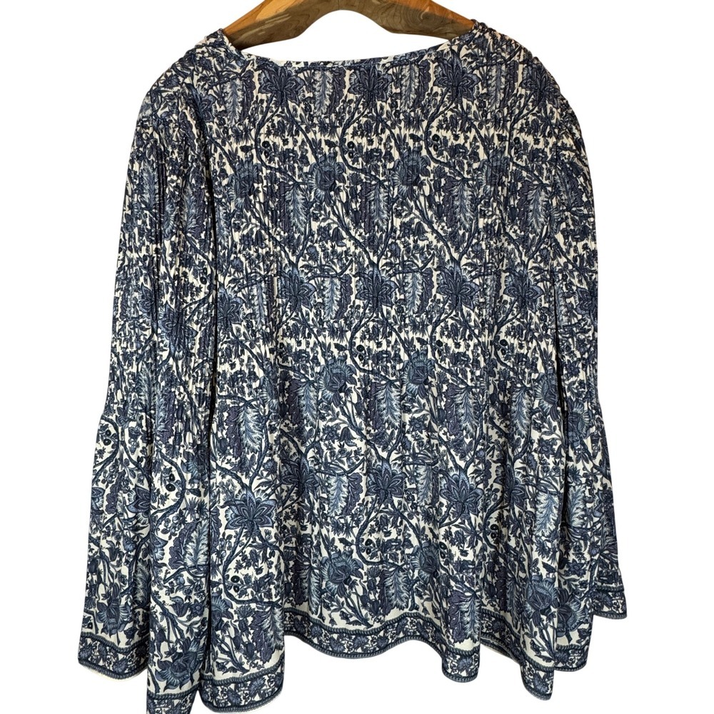 Max Studio Blue Floral Boho Blouse 2X Soft Pleats Flared Sleeve Top Cottagecore - Picture 4 of 9